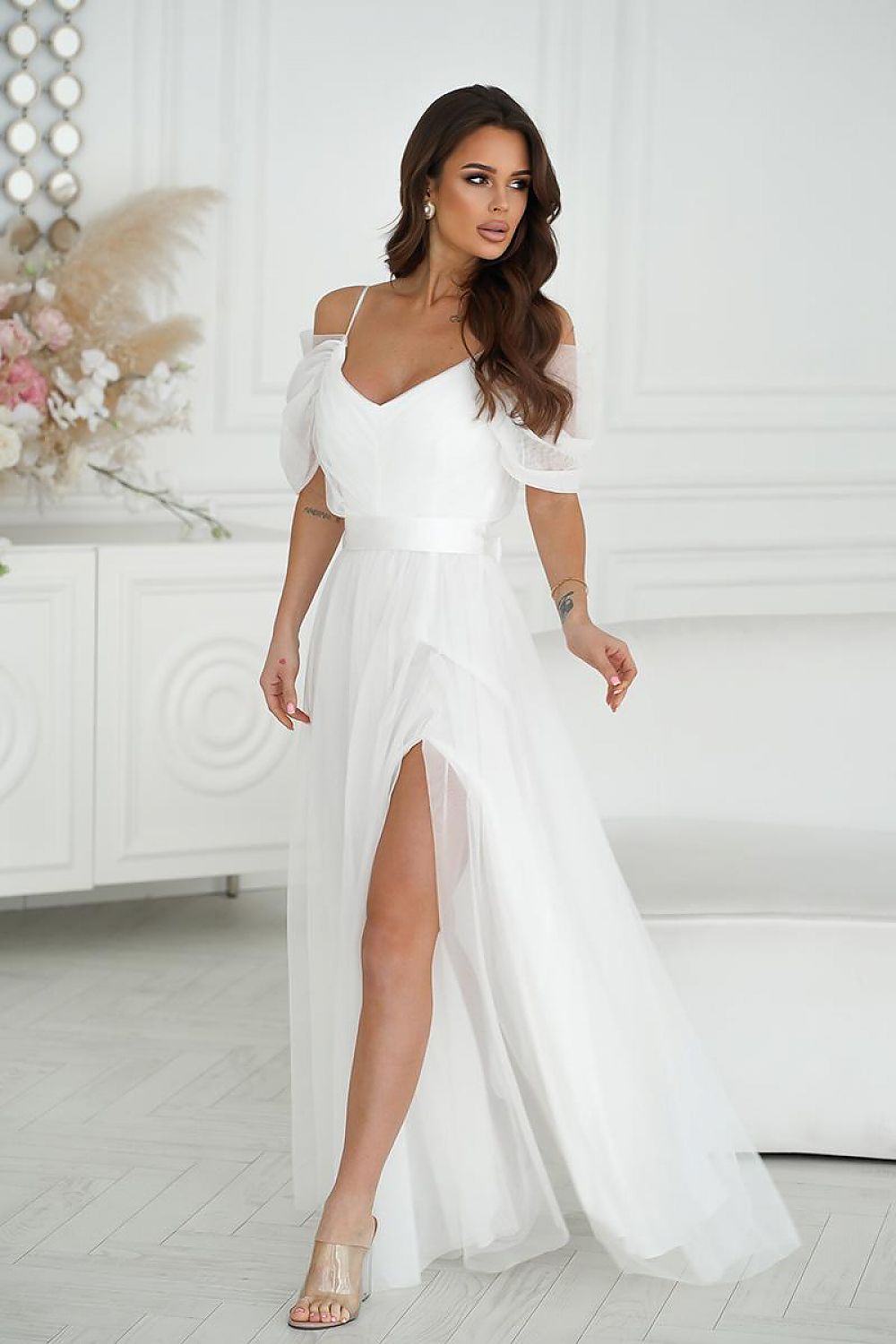 Bicotone Tulle Maxi Plunging Sleeve Belted Dress