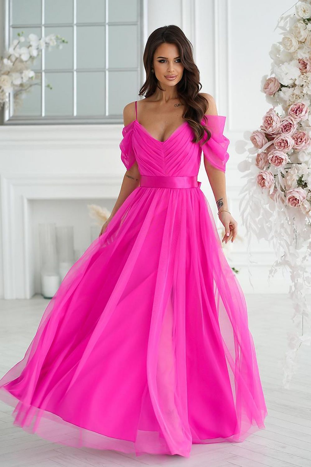 Bicotone Tulle Maxi Plunging Sleeve Belted Dress violet