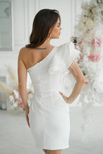 Bicotone Mini Feathered One-Shoulder Fitted Dress