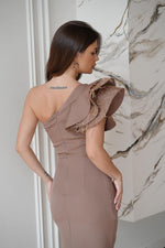 Bicotone Mini Feathered One-Shoulder Fitted Dress