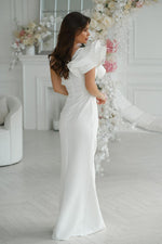 Bicotone Maxi Feathered One-Shoulder Flowing Dress