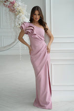 Bicotone Maxi Feathered One-Shoulder Flowing Dress