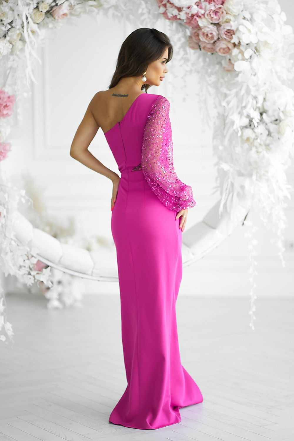 Bicotone Maxi Sequin One-Shoulder Slit Dress