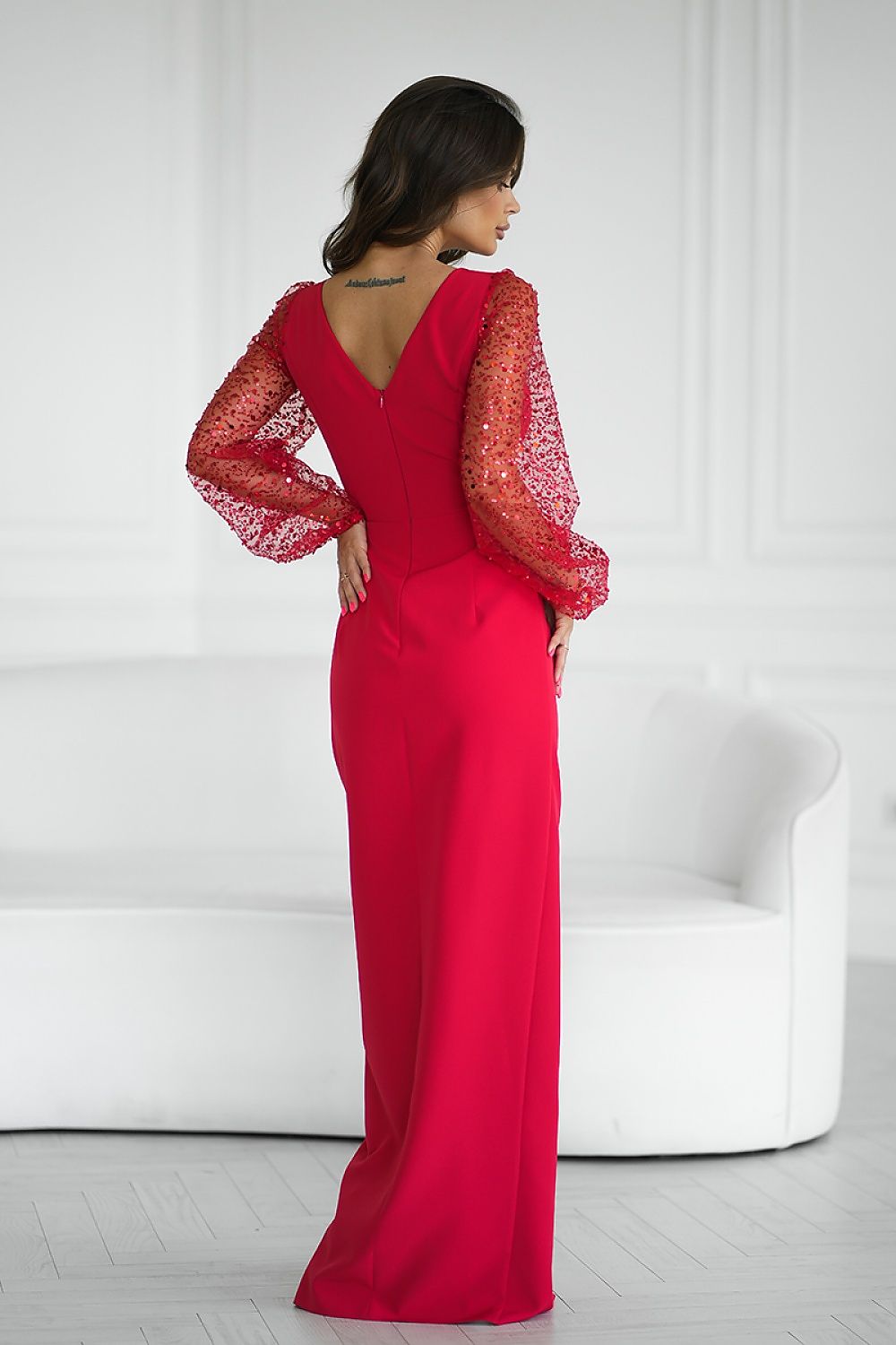 Bicotone Maxi Double-Sequin Heart-Neck Slit Dress