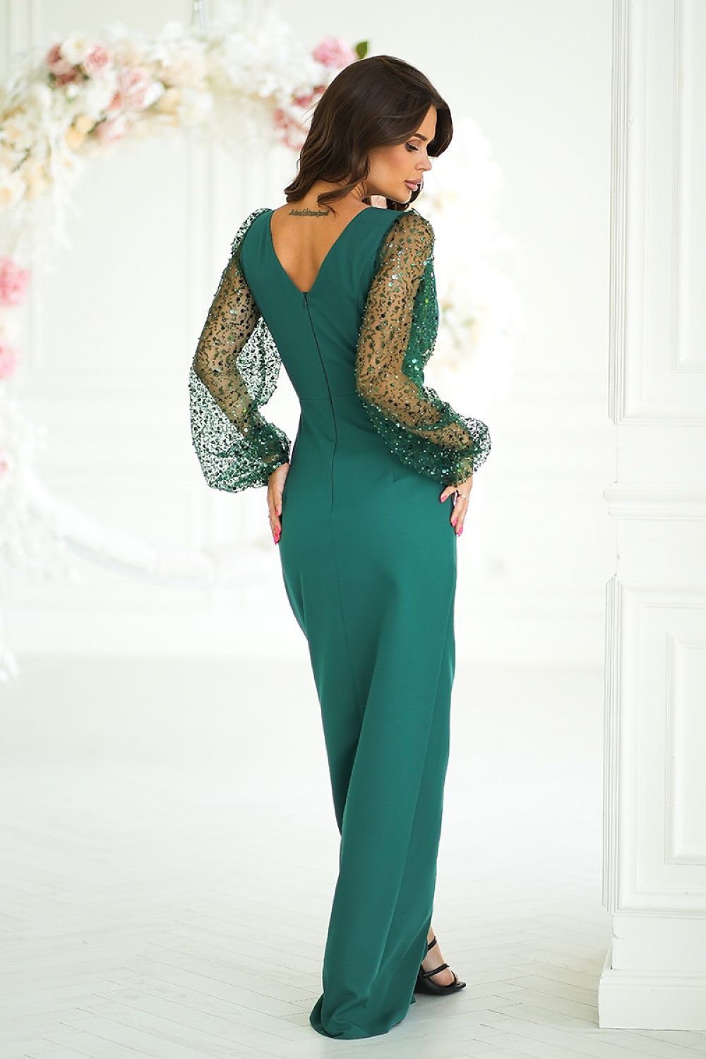 Bicotone Maxi Double-Sequin Heart-Neck Slit Dress