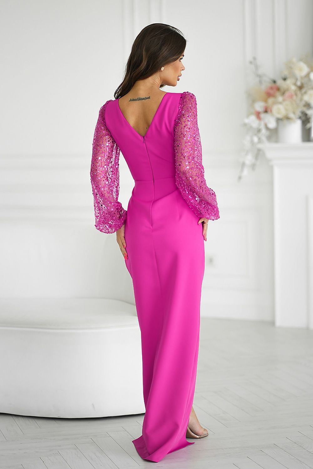 Bicotone Maxi Double-Sequin Heart-Neck Slit Dress