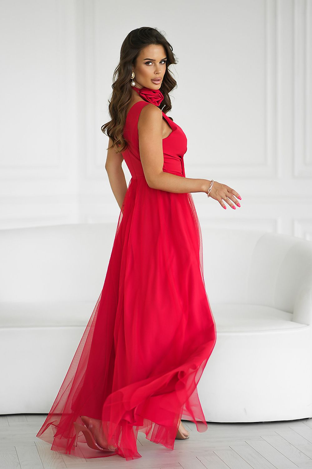 Bicotone Airy Slit Rose Belt Flowing Maxi Dress