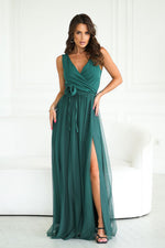 Bicotone Airy Slit Rose Belt Flowing Maxi Dress green