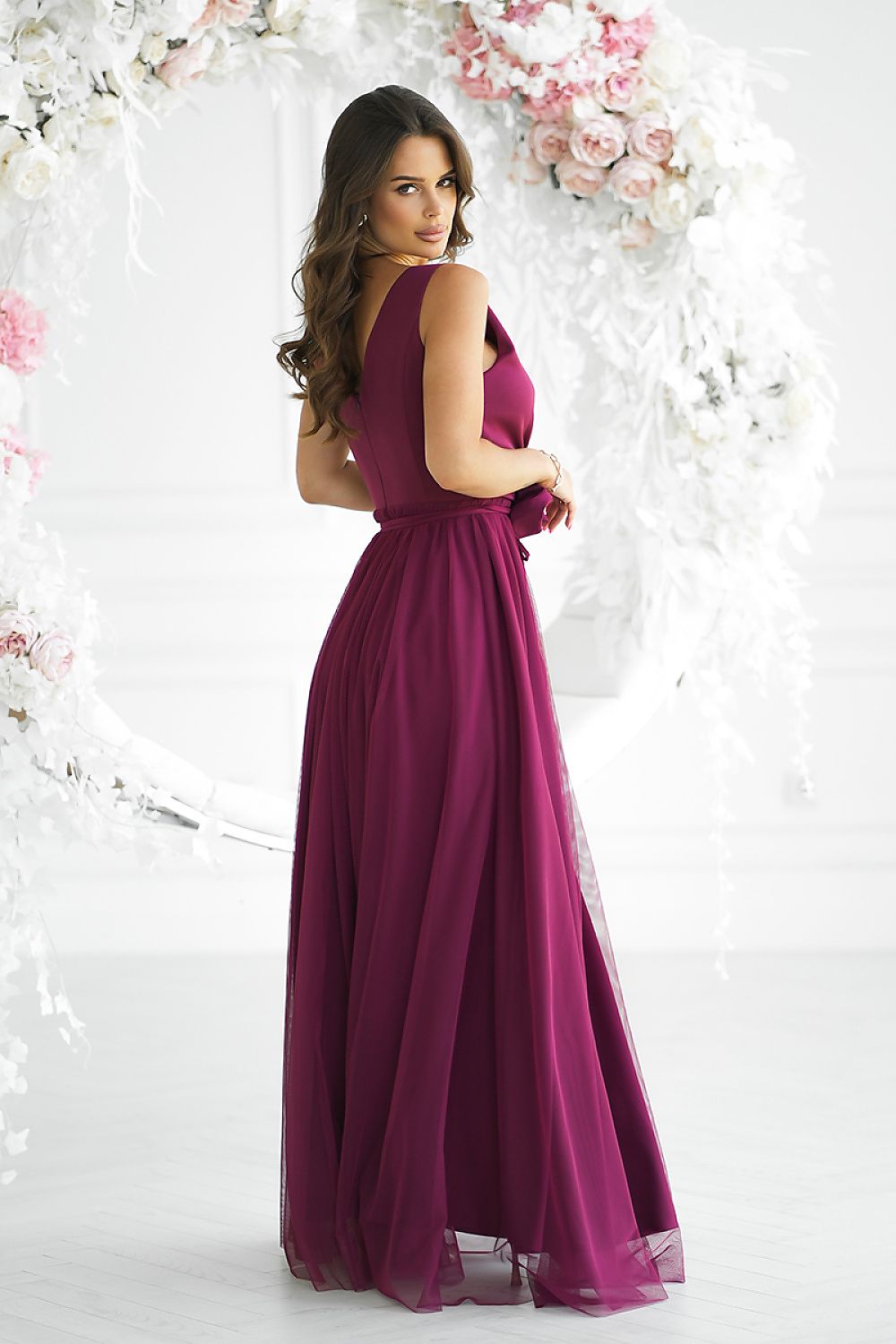Bicotone Airy Slit Rose Belt Flowing Maxi Dress