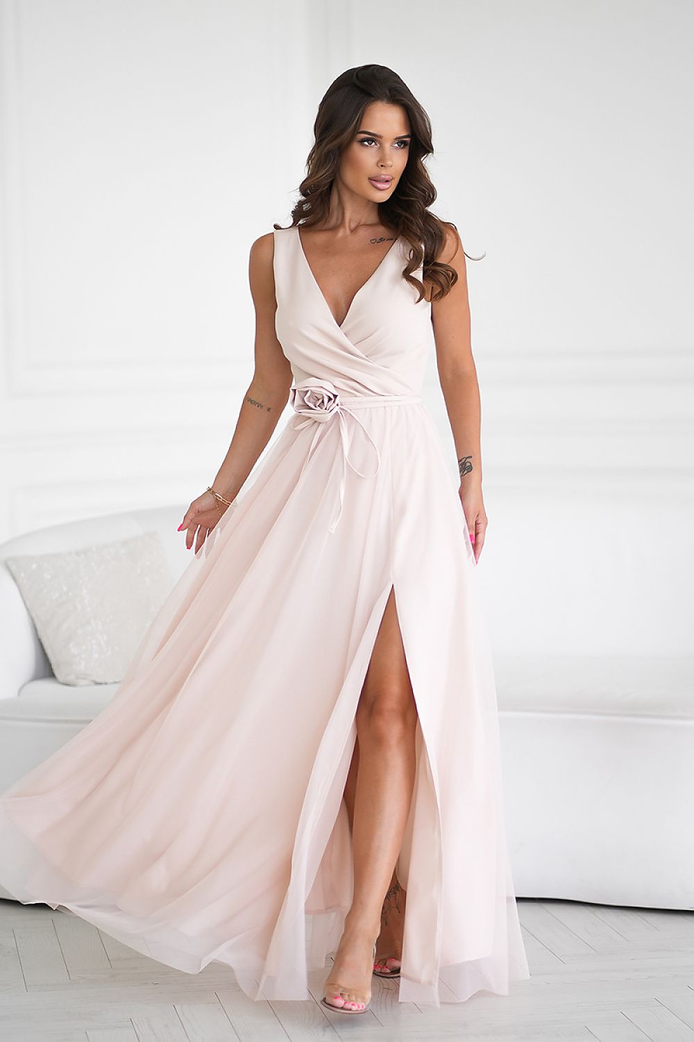 Bicotone Airy Slit Rose Belt Flowing Maxi Dress beige