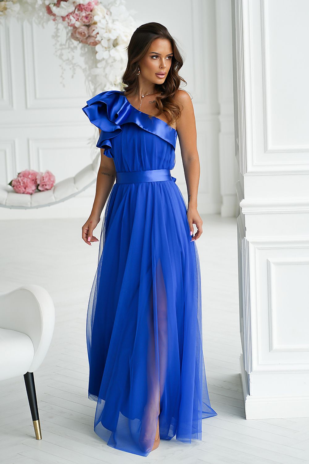 Bicotone Elegant One-Shoulder Mesh Evening Dress with Satin Ruffle Detail blue