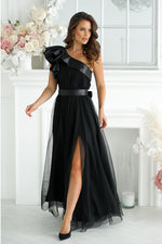 Bicotone Elegant One-Shoulder Mesh Evening Dress with Satin Ruffle Detail black