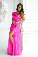 Bicotone Elegant One-Shoulder Mesh Evening Dress with Satin Ruffle Detail pink