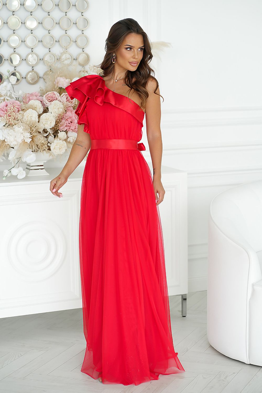 Bicotone Elegant One-Shoulder Mesh Evening Dress with Satin Ruffle Detail