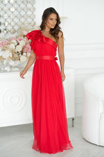 Bicotone Elegant One-Shoulder Mesh Evening Dress with Satin Ruffle Detail