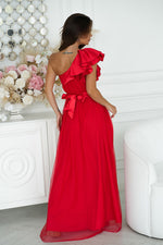 Bicotone Elegant One-Shoulder Mesh Evening Dress with Satin Ruffle Detail