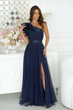 Bicotone Elegant One-Shoulder Mesh Evening Dress with Satin Ruffle Detail navy blue