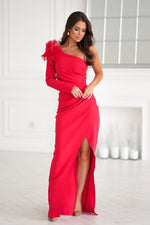 Bicotone Fitted Rose-Shoulder Straight One Sleeve Occasion Maxi Dress red
