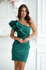 Bicotone Mini Feathered One-Shoulder Fitted Dress green