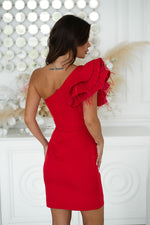 Bicotone Mini Feathered One-Shoulder Fitted Dress
