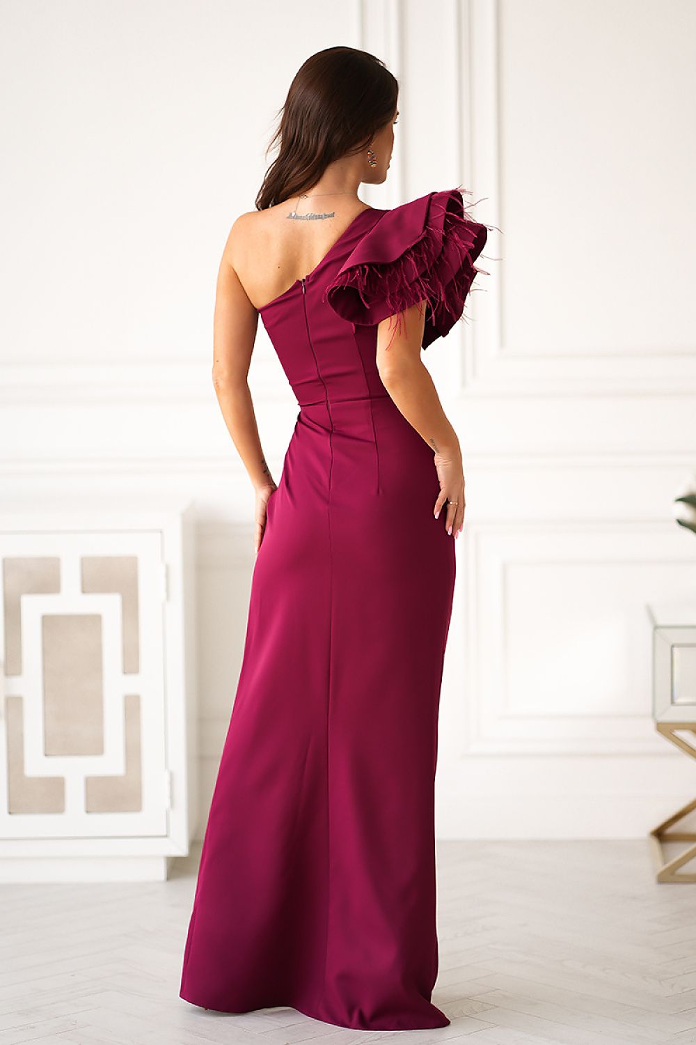 Bicotone Maxi Feathered One-Shoulder Flowing Dress