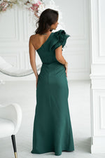 Bicotone Maxi Feathered One-Shoulder Flowing Dress