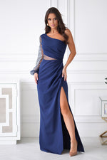 Bicotone Maxi Sequin One-Shoulder Slit Dress navy blue