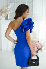 Bicotone Mini Feathered One-Shoulder Fitted Dress