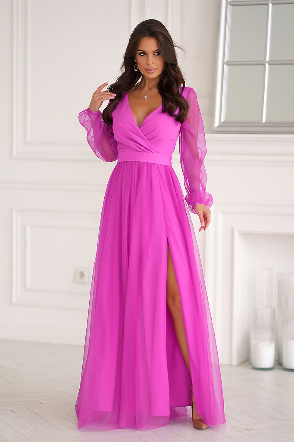 Bicotone Flowing Slit Belted Double-Layer Long Sleeve Maxi Dress violet