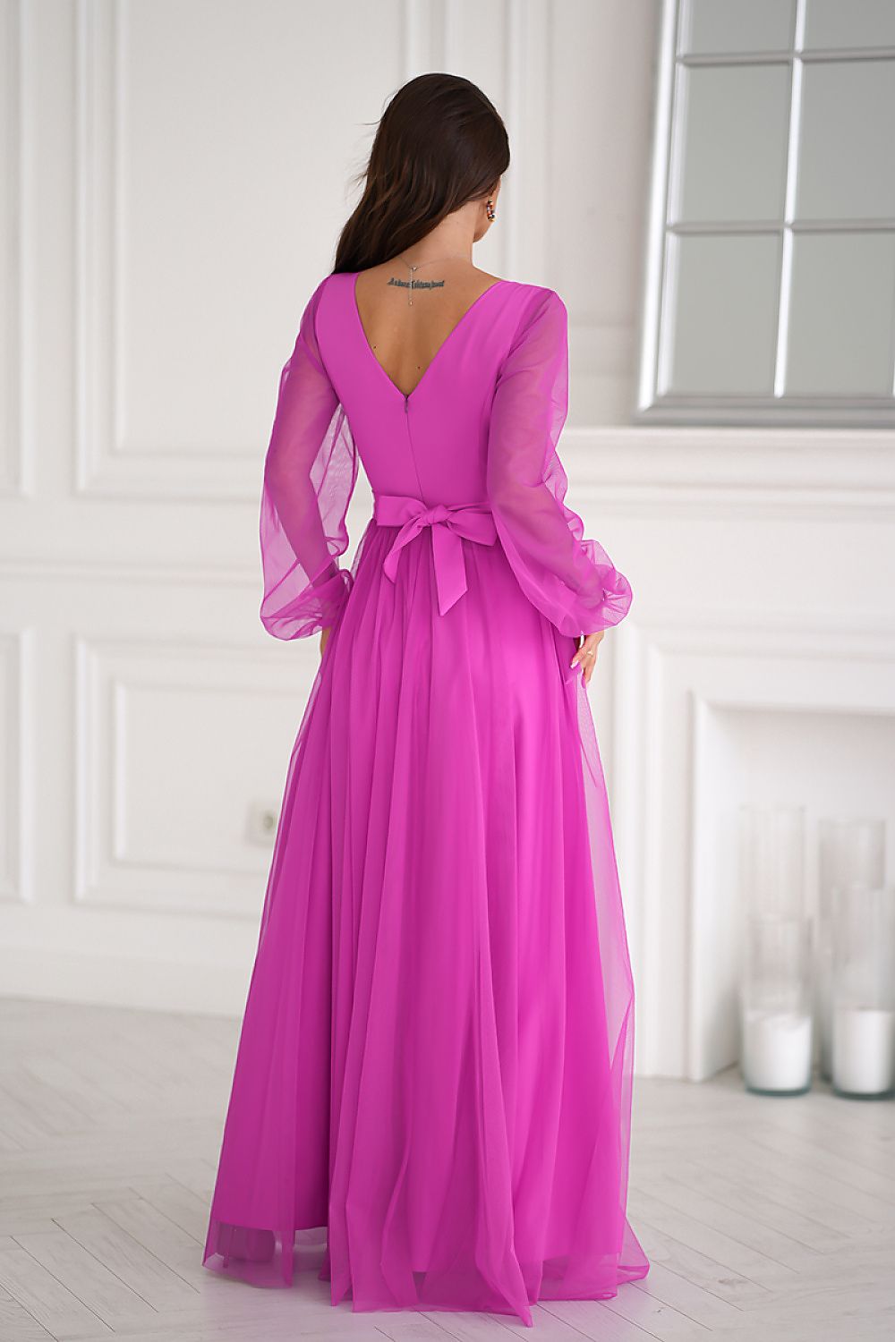 Bicotone Flowing Slit Belted Double-Layer Long Sleeve Maxi Dress