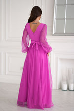 Bicotone Flowing Slit Belted Double-Layer Long Sleeve Maxi Dress