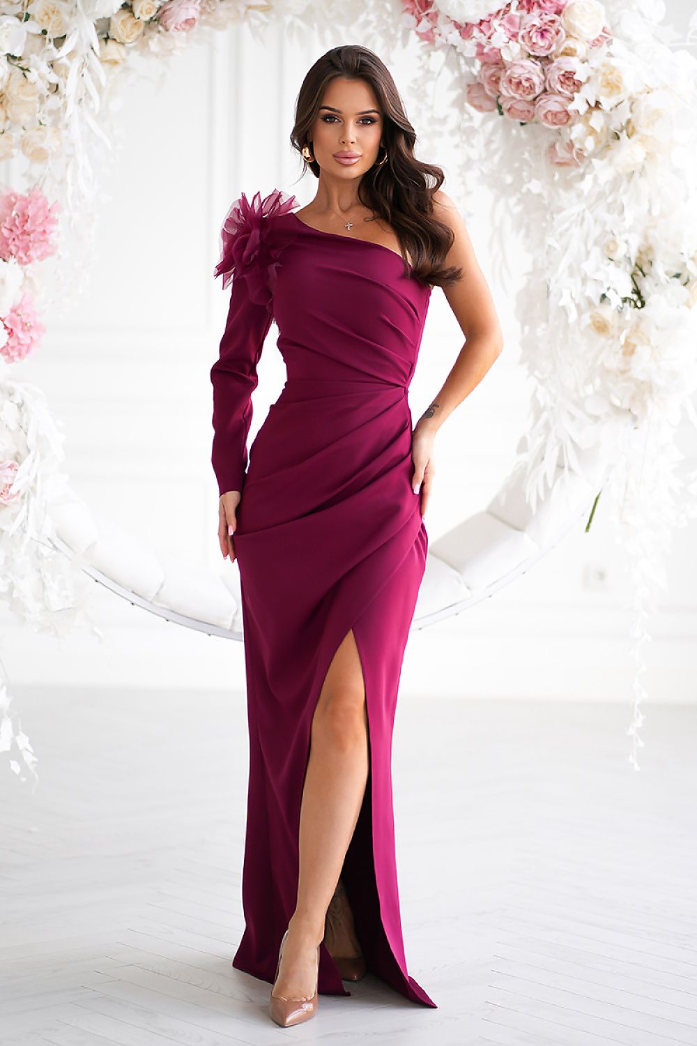 Bicotone Fitted Rose-Shoulder Straight One Sleeve Occasion Maxi Dress red 2