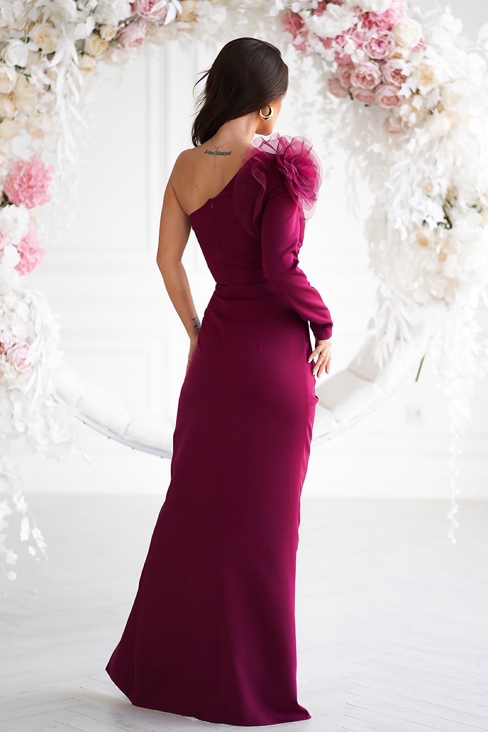 Bicotone Fitted Rose-Shoulder Straight One Sleeve Occasion Maxi Dress