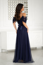 Bicotone Tulle Maxi Plunging Sleeve Belted Dress