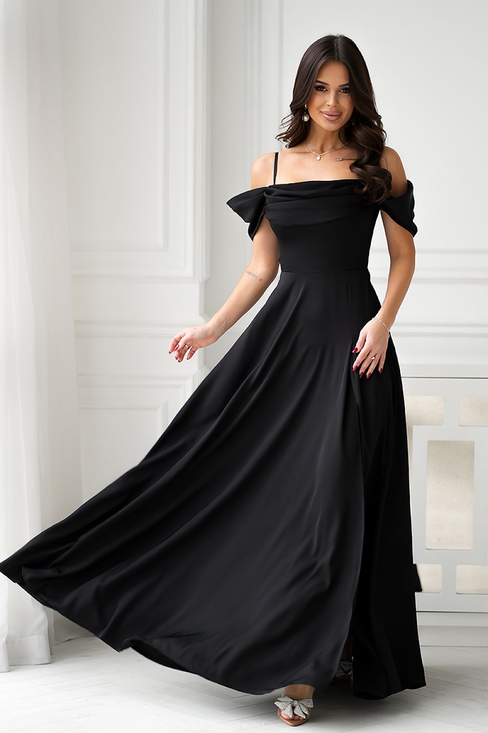 Bicotone Off Shoulder Drooping-Strap Side-Slit Flowing Maxi Occasion Dress black