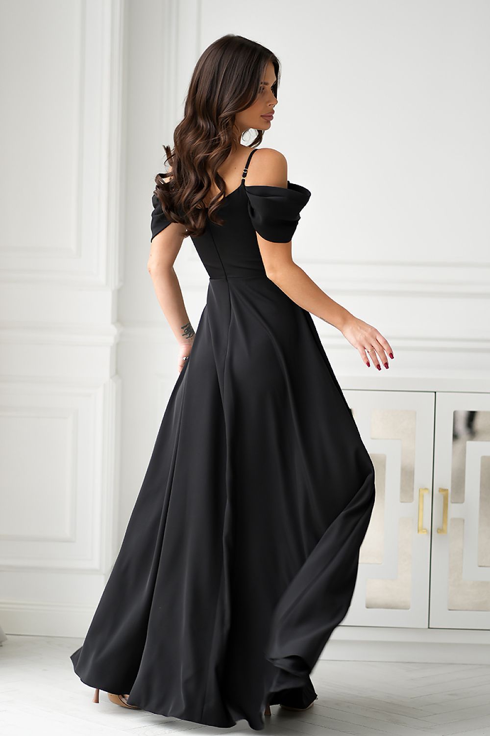 Bicotone Off Shoulder Drooping-Strap Side-Slit Flowing Maxi Occasion Dress