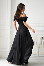 Bicotone Off Shoulder Drooping-Strap Side-Slit Flowing Maxi Occasion Dress