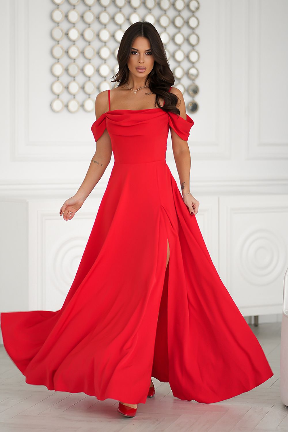 Bicotone Off Shoulder Drooping-Strap Side-Slit Flowing Maxi Occasion Dress red 2