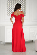 Bicotone Off Shoulder Drooping-Strap Side-Slit Flowing Maxi Occasion Dress