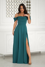 Bicotone Off Shoulder Drooping-Strap Side-Slit Flowing Maxi Occasion Dress green