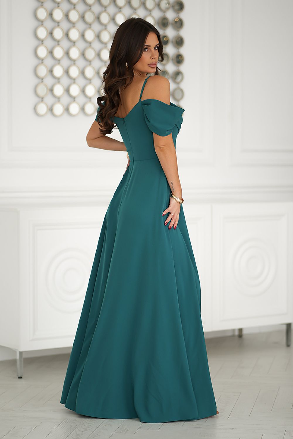 Bicotone Off Shoulder Drooping-Strap Side-Slit Flowing Maxi Occasion Dress