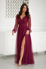 Bicotone Flowing Slit Belted Double-Layer Long Sleeve Maxi Dress red