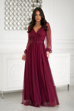 Bicotone Flowing Slit Belted Double-Layer Long Sleeve Maxi Dress