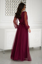 Bicotone Flowing Slit Belted Double-Layer Long Sleeve Maxi Dress