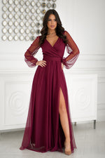 Bicotone Flowing Slit Belted Double-Layer Long Sleeve Maxi Dress