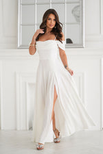Bicotone Shiny Tulle Waist-Cinched Slit Maxi Dress