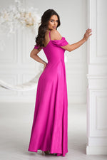 Bicotone Shiny Tulle Waist-Cinched Slit Maxi Dress