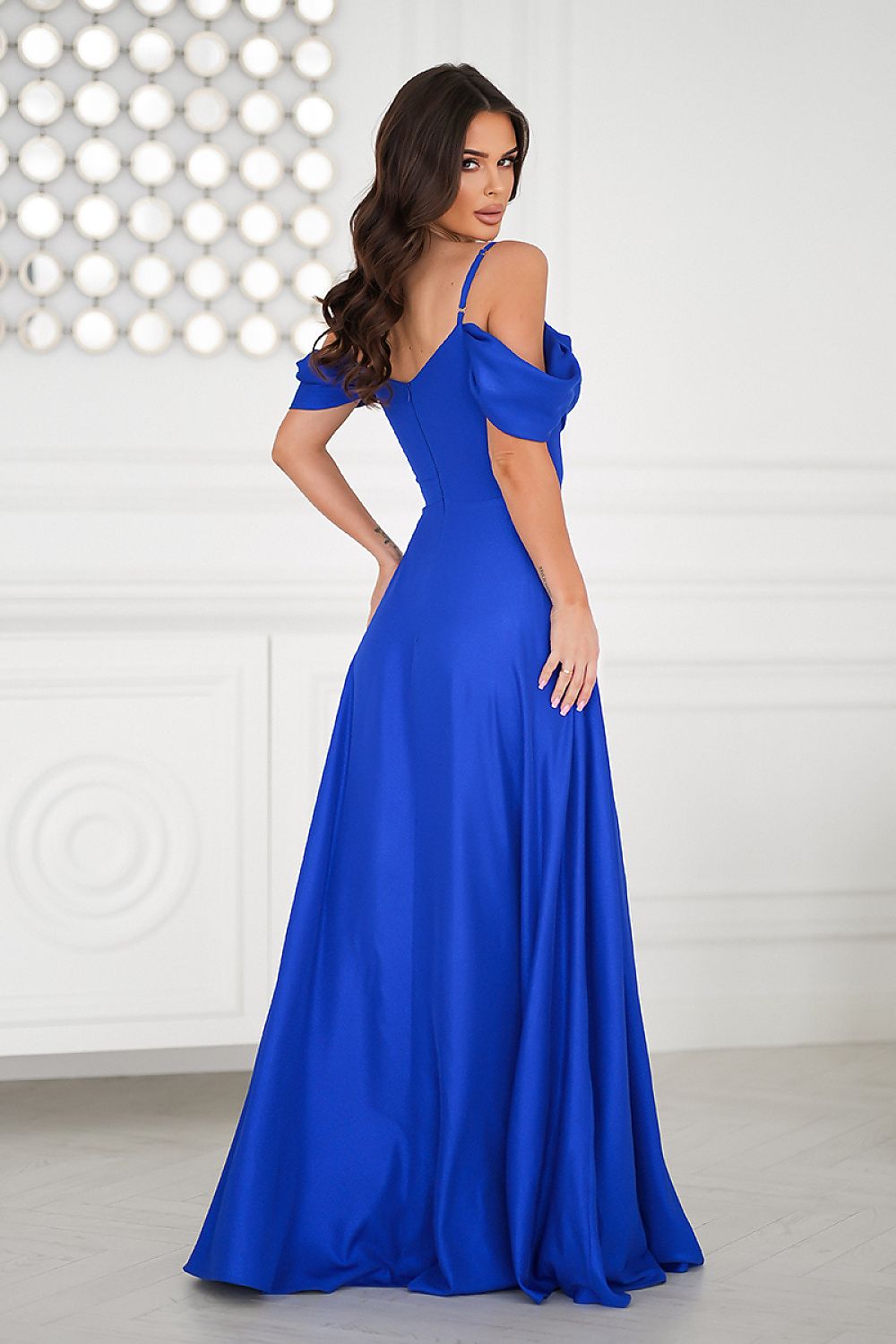 Bicotone Shiny Tulle Waist-Cinched Slit Maxi Dress