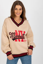 Ex Moda Manhattan NY Slogan V Neck Sweater beige one-size-fits-all