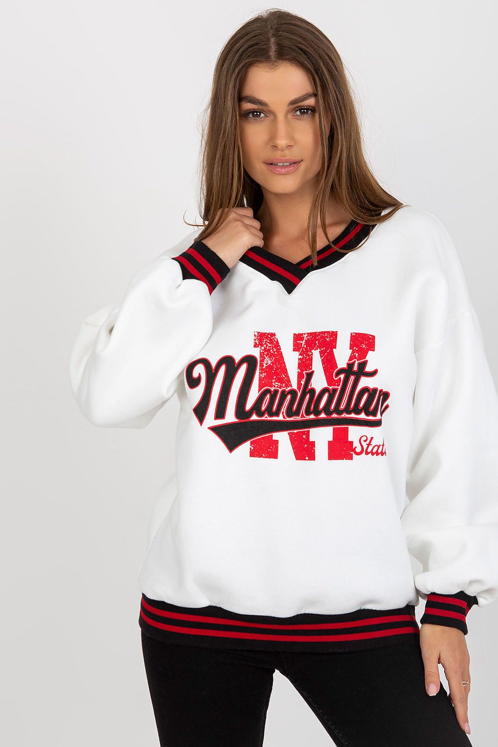 Ex Moda Manhattan NY Slogan V Neck Sweater white one-size-fits-all